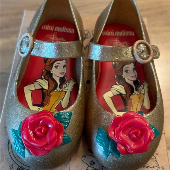 Mini Melissa Gold Belle Dress Shoes with Red Rose Accent - Picture 4 of 9